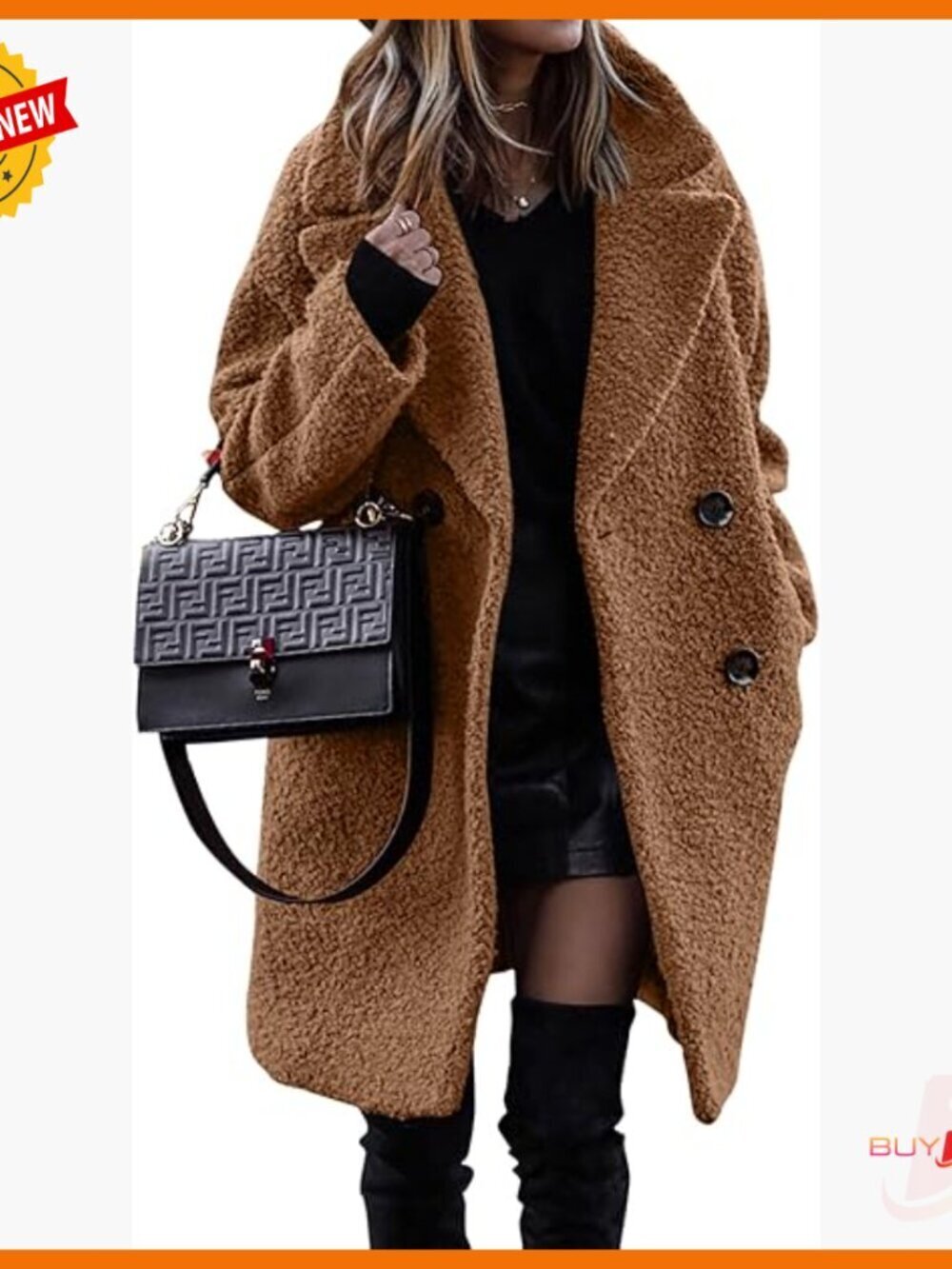 Women's Faux Fur Sherpa Jacket, Notched Lapel, Double-Breasted, Loose Fit